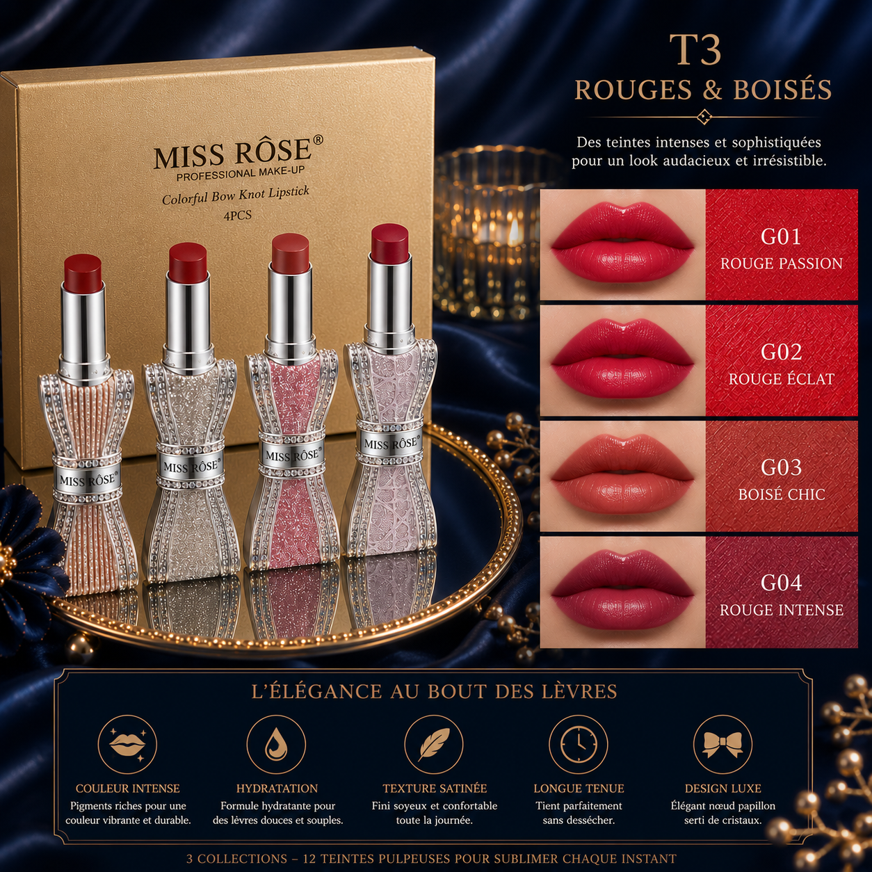 Coffret 4 Rouges à Lèvres Velours Mat – Longue Tenue & Waterproof