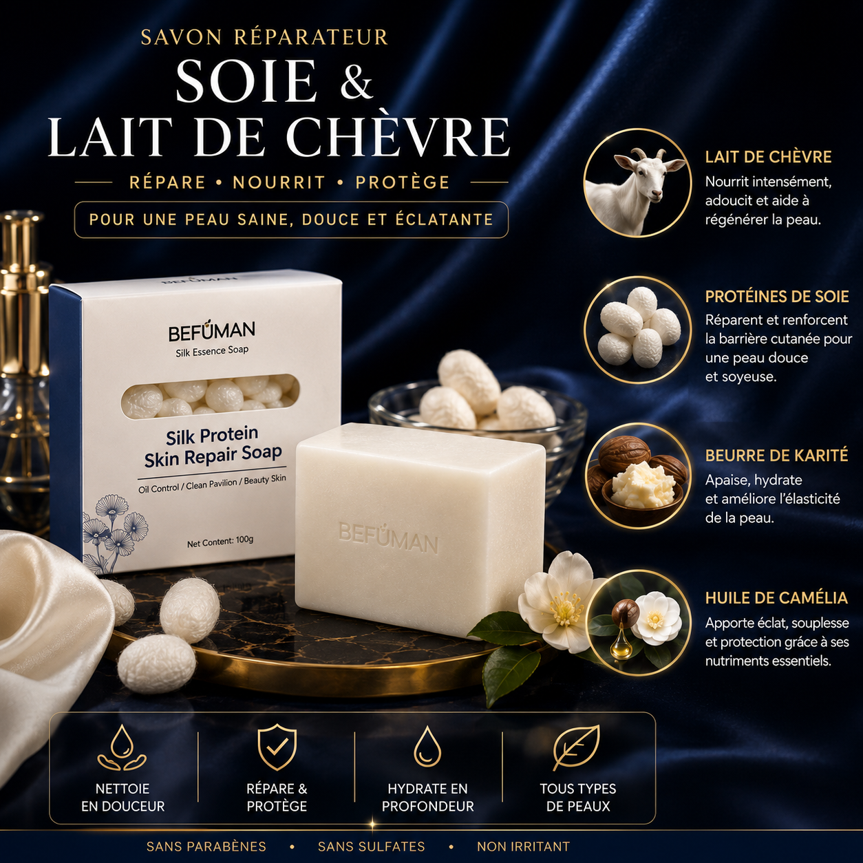 Savon Réparateur Soie & Lait de Chèvre — Soin Purifiant Luxe