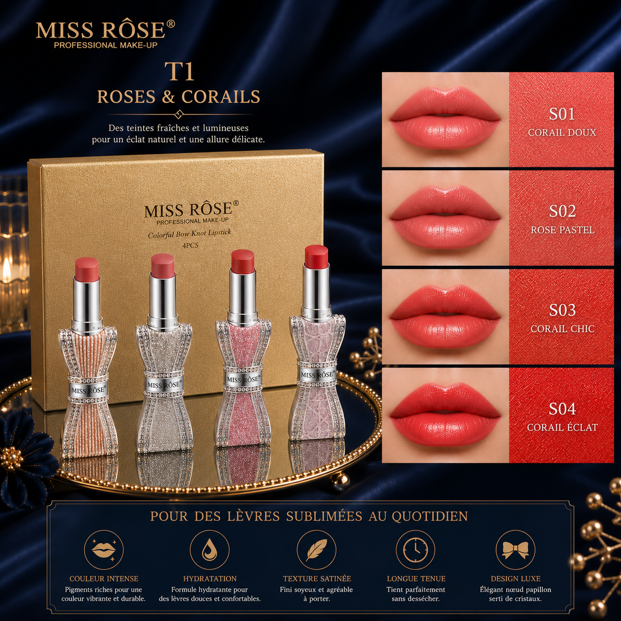 Coffret 4 Rouges à Lèvres Velours Mat – Longue Tenue & Waterproof