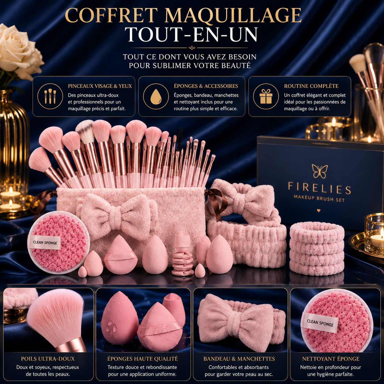 Coffret Pinceaux Maquillage Rose – 20 pièces