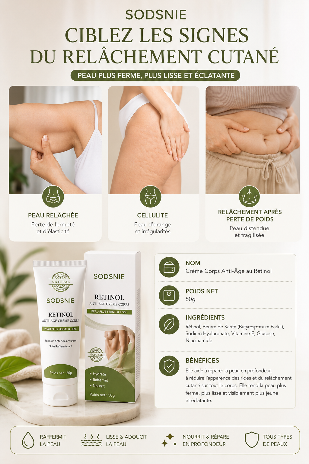 Crème Corps Rétinol Anti-Cellulite – Raffermissante & Anti-Âge