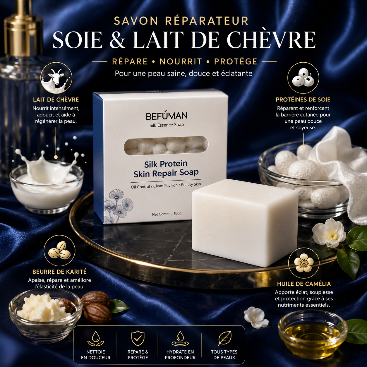 Savon Réparateur Soie & Lait de Chèvre — Soin Purifiant Luxe
